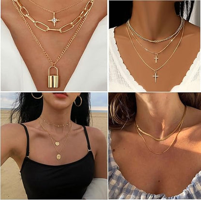 6Pcs Layered Necklace 11 Pcs anklet and 7Pcs Earring Ear Cuff 12Hoop Earrings 15pcs Rings 21 pcs stud earrings Jewerly set