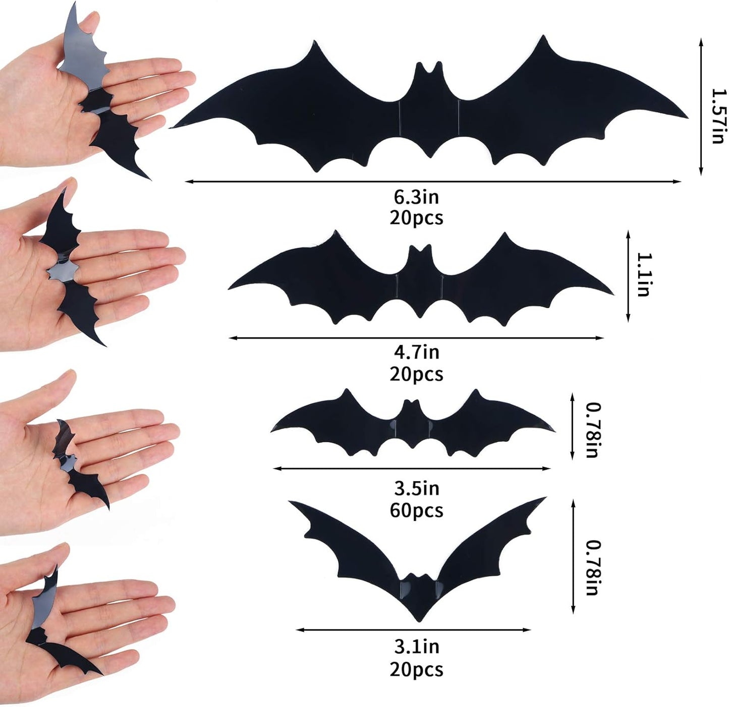 120 Pcs 3D Bat Halloween Decoration Stickers for Home Decor 4 Size Waterproof Black Spooky Bats