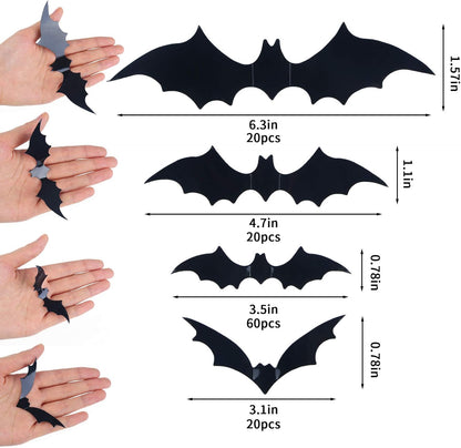 120 Pcs 3D Bat Halloween Decoration Stickers for Home Decor 4 Size Waterproof Black Spooky Bats