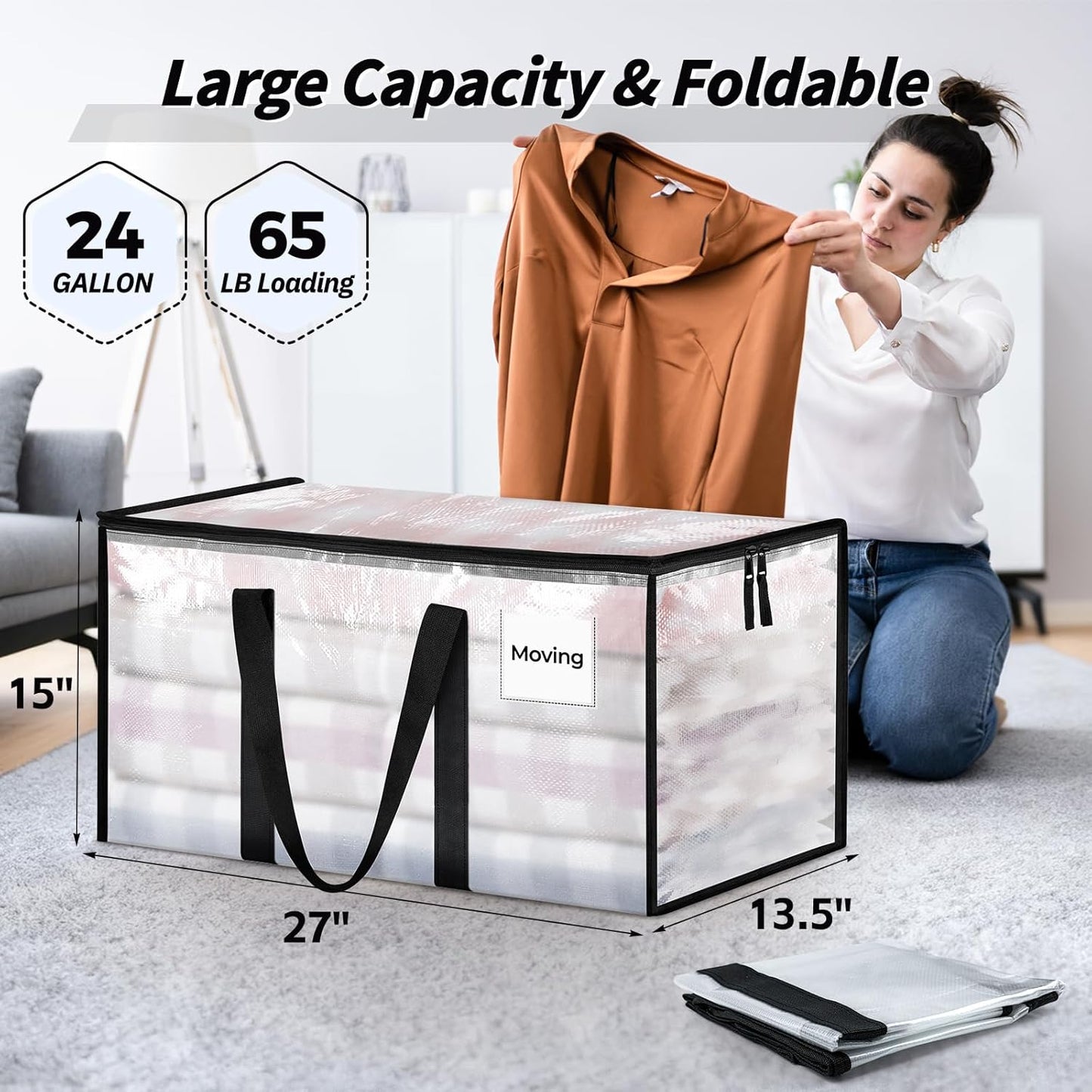 8 Pack Extra Large Heavy Duty Moving Bags Clear Storage Bins with Lids Reinforced Handles & Heavy-Duty Zippers