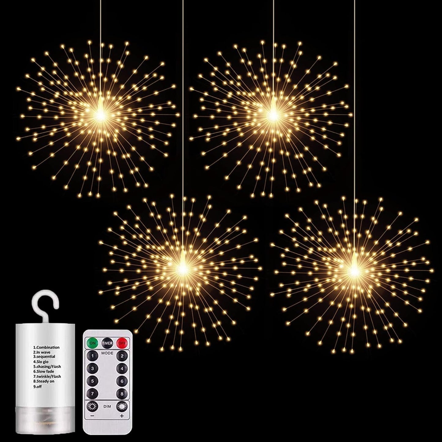 4 Pack 800 LED Starburst Sphere Lights, Battery Operated Firework Light 8 Modes Dimmable Remote Control Waterproof