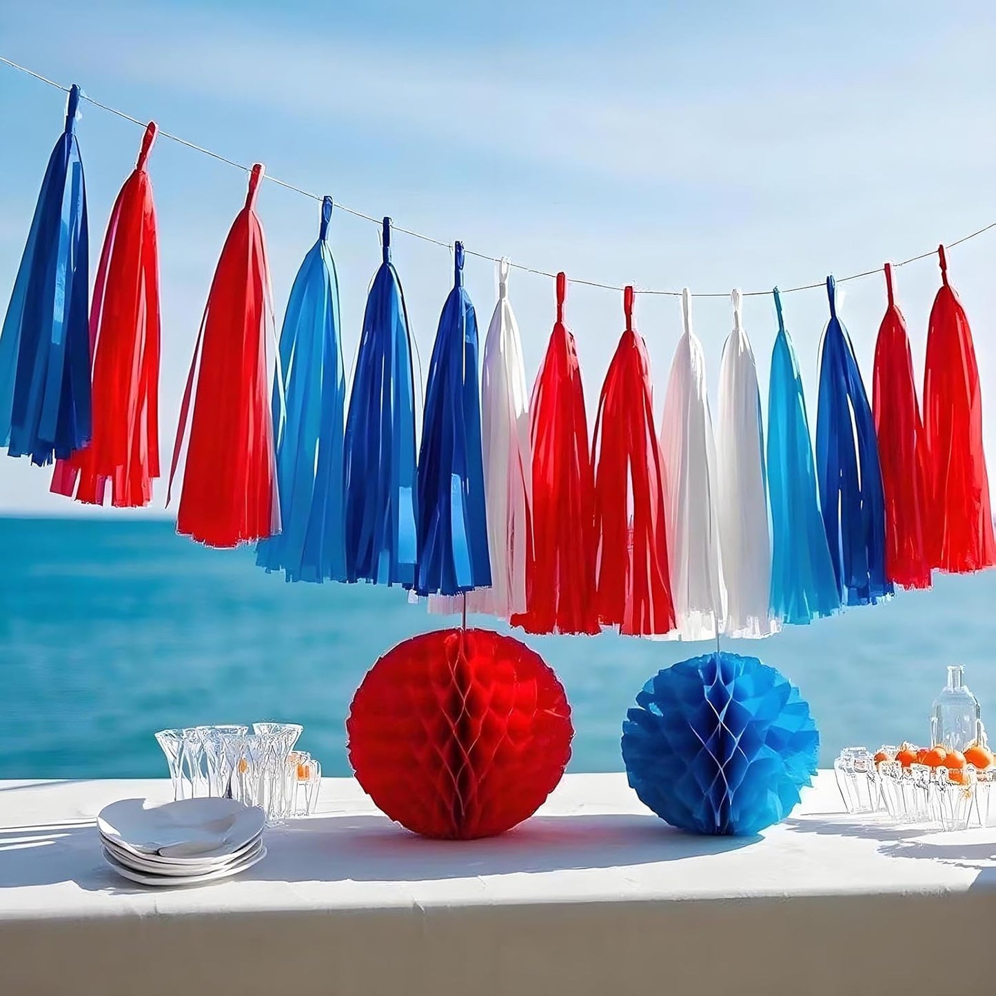 30 Pack Red White & Blue Paper Tassels Garland Banner  Patriotic Tassel Decor for Birthday Baby Shower