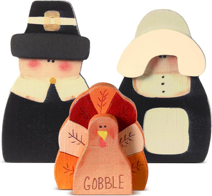 3 Pcs Fall Thanksgiving Decorations Fall Wooden Turkey Pilgrim Couple Table Sign Thanksgiving
