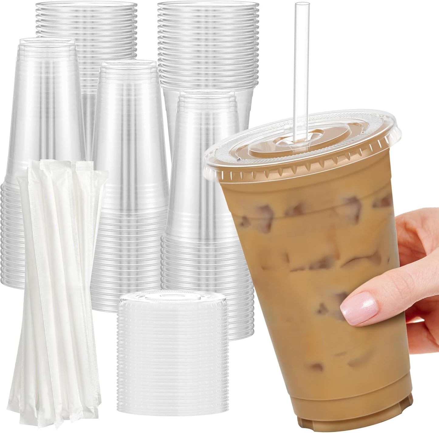 24 oz Clear Plastic Cups with Lids and Straws, Sturdy & Food Safe Iced Coffee Cups with lids Disposable