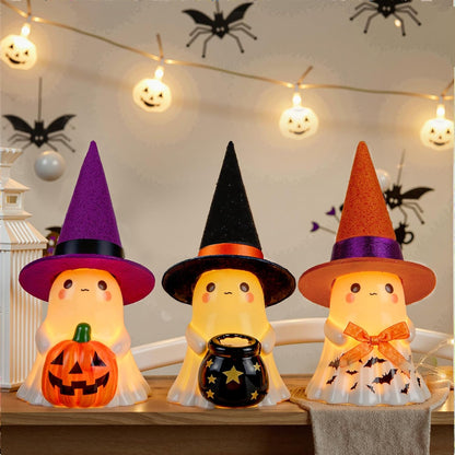 3Pcs Cute Spooky Ceramic Ghost Halloween Decorations Ghost Figurines with Hats