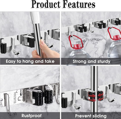 5 Racks and 4 Hooks Mop and Broom Holder Wall Mount, Broom Organizer Storage Tool Racks Stainless Steel Heavy Duty