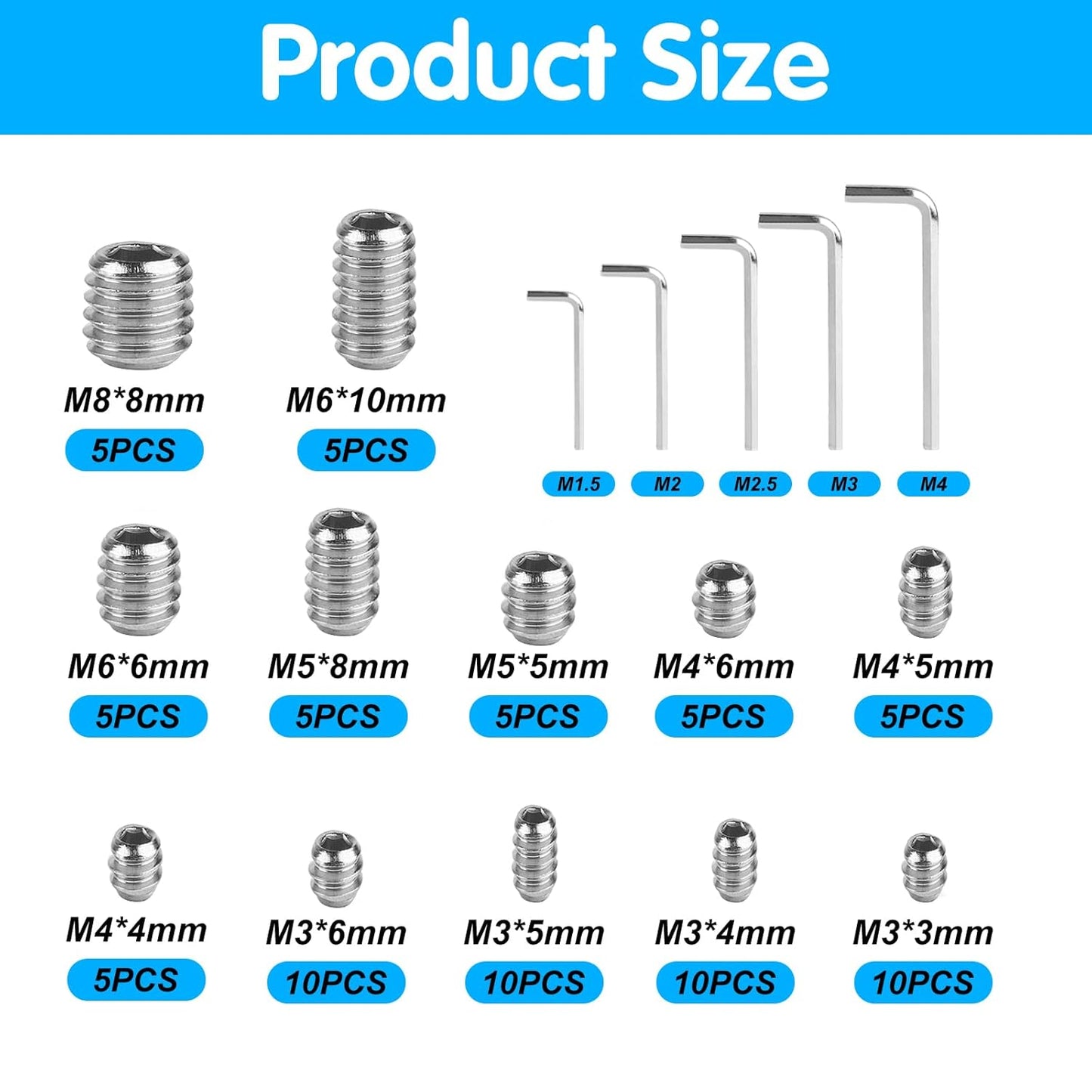 80 pcs Set Screws Set Screws Assortment Kit Grub Screws M3 M4 M5 M6 M8 for Home Repair Repair Furniture Electronic Product