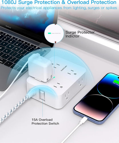 Protector Power Strip Charging Ports Multi Plug Outlet Extender 5Ft Braided Extension Cord, Flat Plug Wall Mount