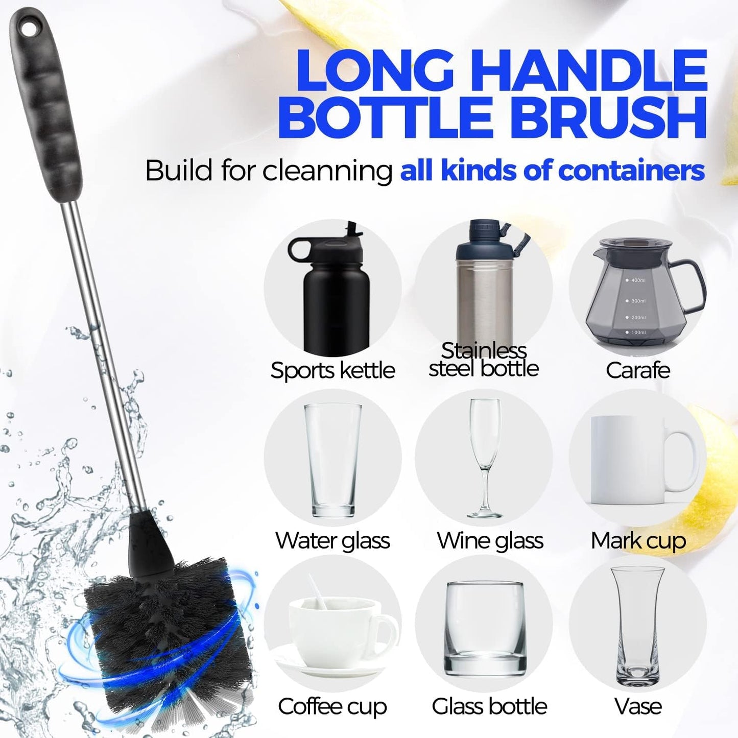 6 Pack Bottle Brush Set 14" Long Handle Stainless Steel Bottle Cleaner Brush 3 Straw Brushes 3-in-1 Bottle Cleaning Brush