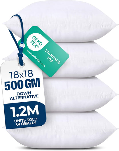 Bedding Throw Pillows (Set of 4 White)  18 x 18 Inches Down Alternative Pillows for Bed Sofa and Couch