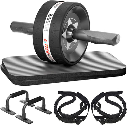Exercise Wheel Core Strength Training Abdominal Roller Set with Push Up Bars Resistance Bands Knee Mat