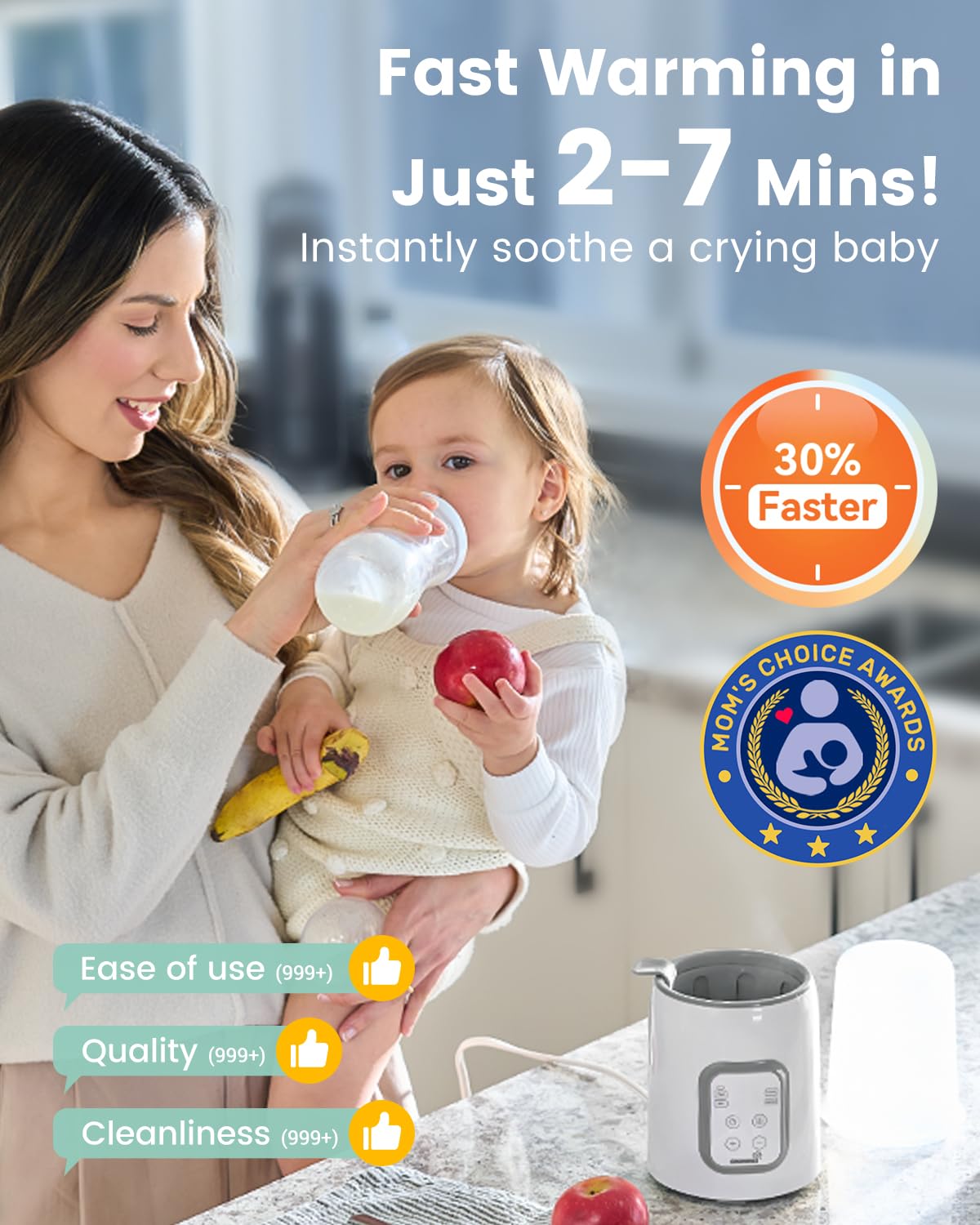 Grownsy 8-in-1 Fast Baby Bottle Warmer with Timer, Safe for Breastmilk Nutrients, Accurate Temperature Control