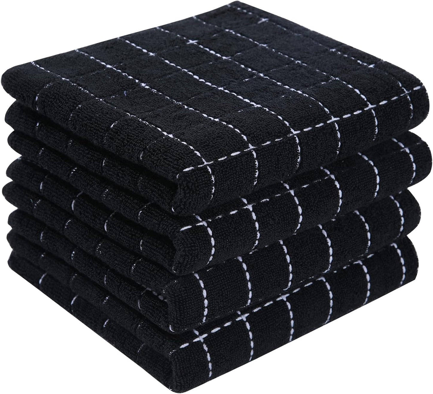 4 Pack Cotton Terry Kitchen Towels(Black, 13 x 28 inches), Checkered Designed, Soft and Super Absorbent