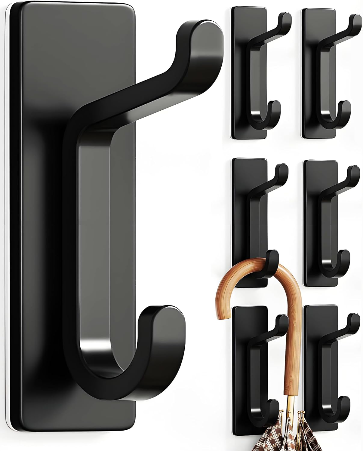 Wall Hooks for Coat and Towel 13LB Adhesive Door Hanger Stick on Black 6 Pack