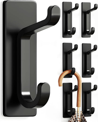 Wall Hooks for Coat and Towel 13LB Adhesive Door Hanger Stick on Black 6 Pack