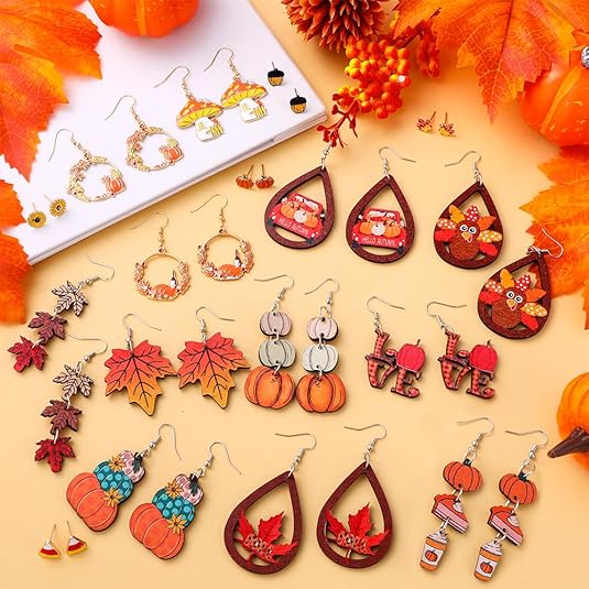 34 PCS Fall Thanksgiving Earrings Set Autumn Earrings Set Pumpkin Turkey Maple Leaf Sunflower Wooden Dangle Earrings