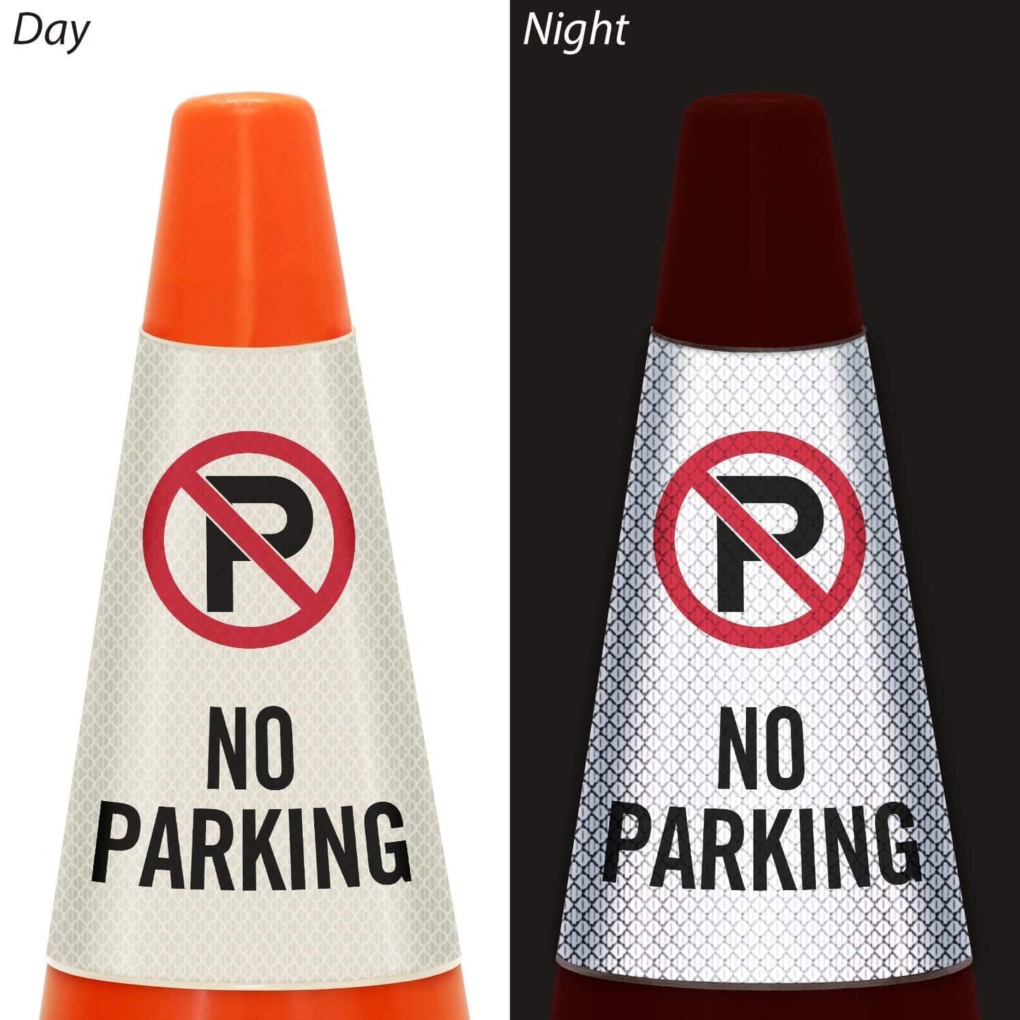 6 Pack "No Parking" Reflective Cone Message Sleeve Collar with Symbol 360-Degree Visibility Non-Adhesive Vinyl Signs