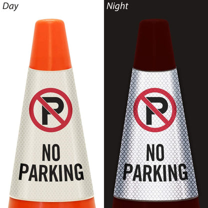 6 Pack "No Parking" Reflective Cone Message Sleeve Collar with Symbol 360-Degree Visibility Non-Adhesive Vinyl Signs