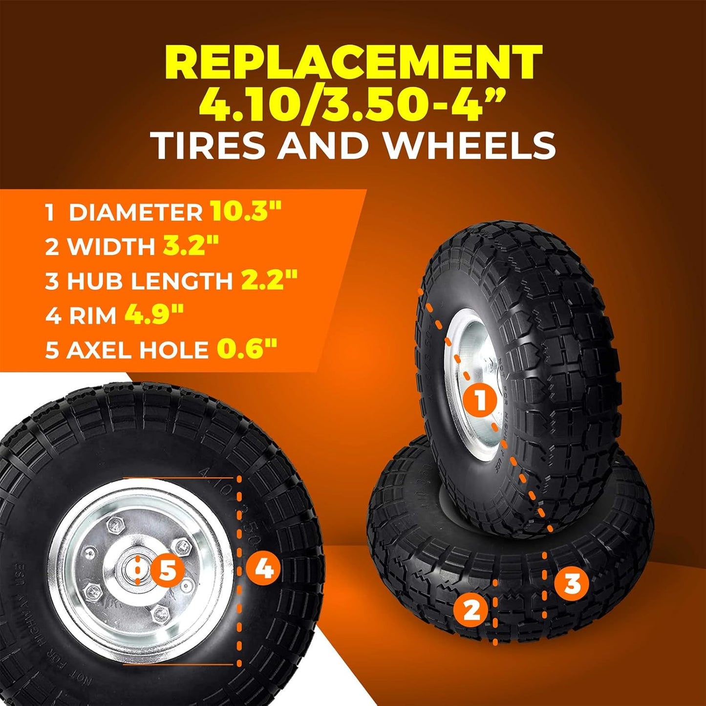 10-Inch Solid Rubber Tire Wheels - Replacement 4.10/3.50-4" Flat Free Tire with 5/8" Bearings
