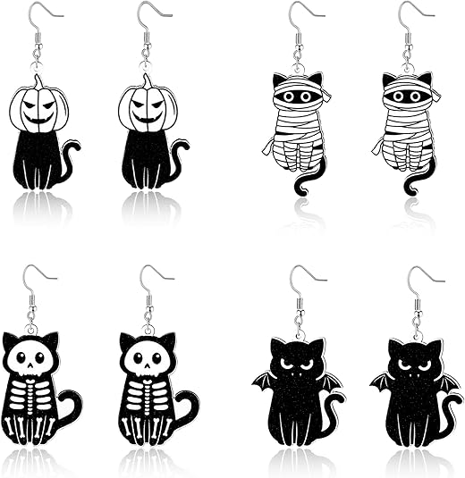 Earrings for Women Halloween Jewelry for Women Funny Halloweens Gifts for Woman Cute Wooden Cat Ghost Skeleton