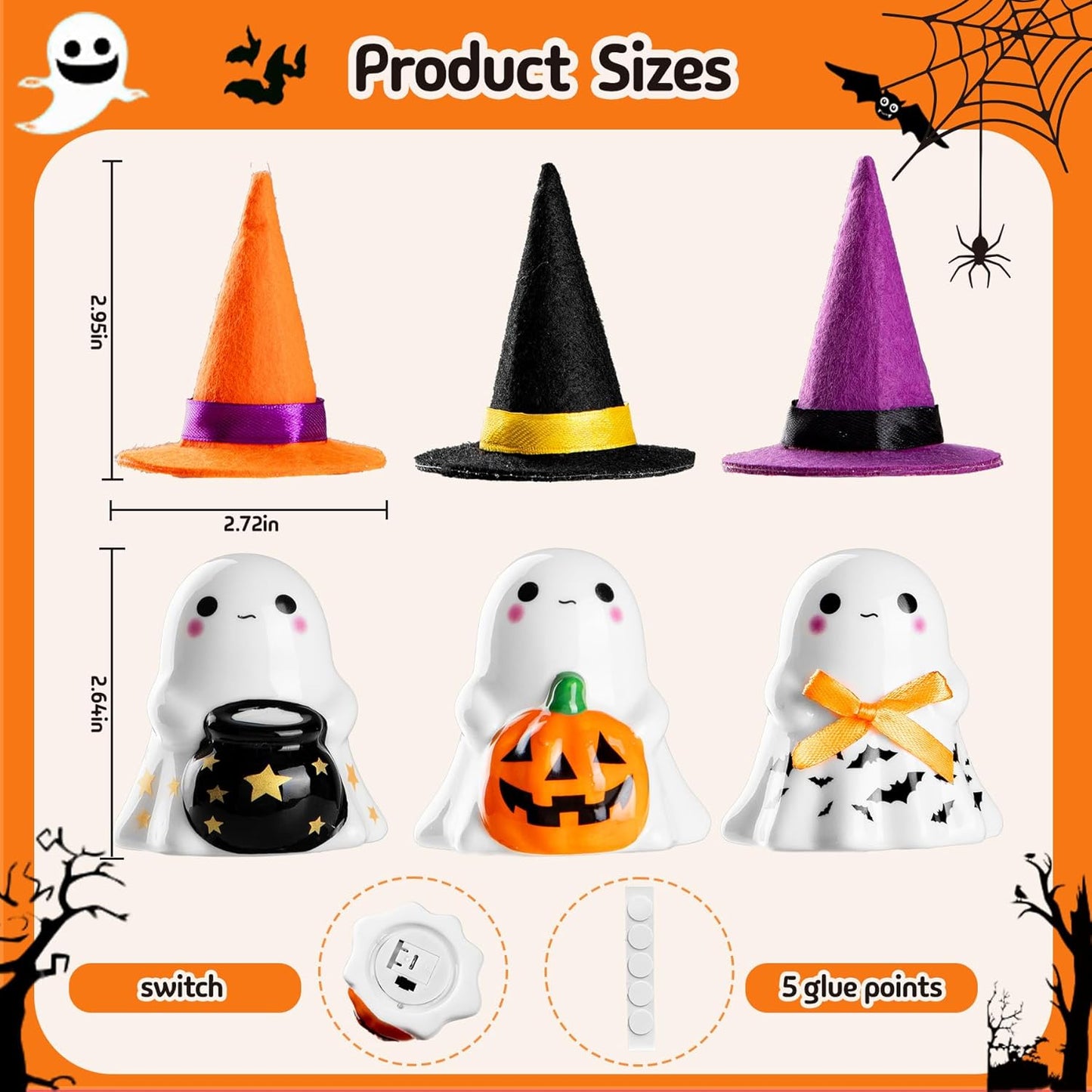 3Pcs Cute Spooky Ceramic Ghost Halloween Decorations Ghost Figurines with Hats