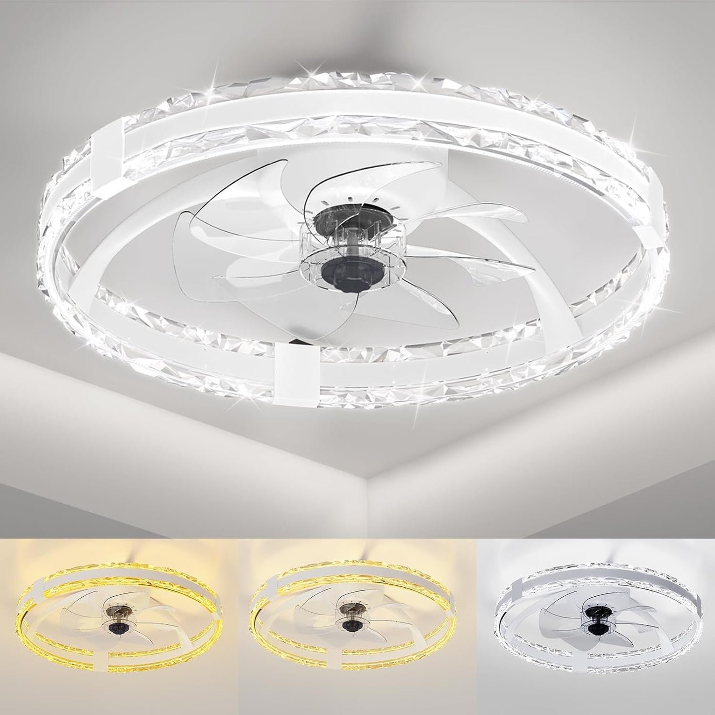 20'' Low Profile Flush Mount Ceiling Fan with 6 Speeds & 3 Color Temperature 3000-6500K Dimmable Led Fandelier for Bedroom