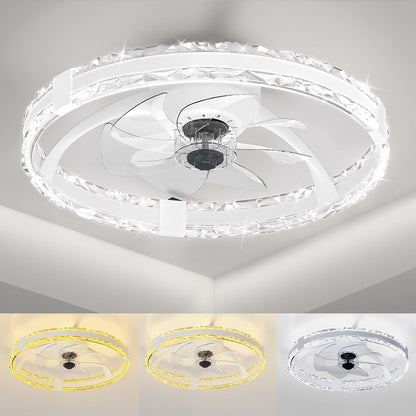 20'' Low Profile Flush Mount Ceiling Fan with 6 Speeds & 3 Color Temperature 3000-6500K Dimmable Led Fandelier for Bedroom
