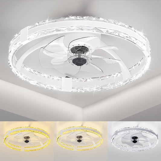 20'' Low Profile Flush Mount Ceiling Fan with 6 Speeds & 3 Color Temperature 3000-6500K Dimmable Led Fandelier for Bedroom