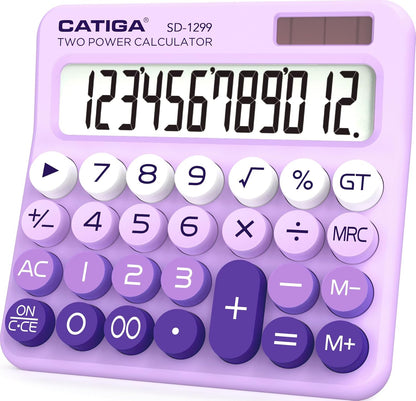 Mechanical Switch Calculator with Solar and Battery Dual Power 12-Digit Large LCD Display Aesthetic and Cute Desktop Calculator with Big Button