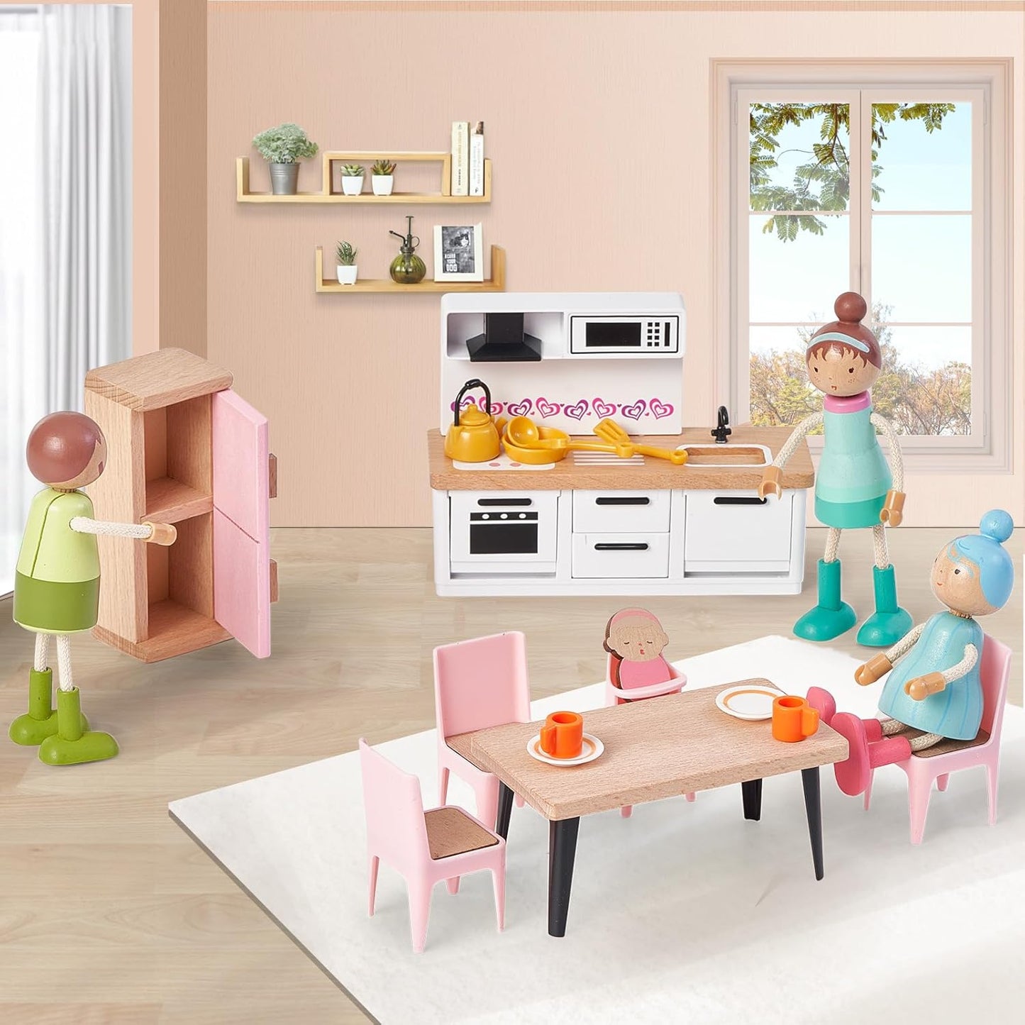 36pcs Wooden Dollhouse Furniture Set with Dolls for 5 Rooms, Wood & Plastic Pink Dollhouse Accessories