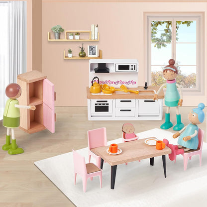 36pcs Wooden Dollhouse Furniture Set with Dolls for 5 Rooms, Wood & Plastic Pink Dollhouse Accessories