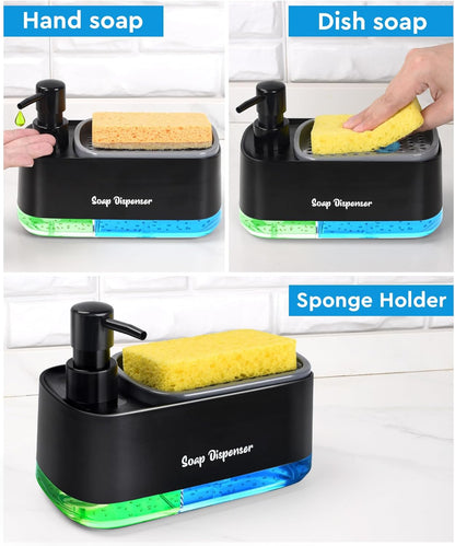 Hand and Dish Soap Dispenser Set for Kitchen Dual Soap Dispenser with Sponge Holder 3-in-1 Countertop Soap