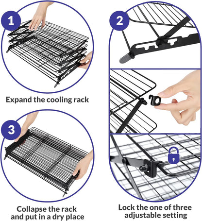 Upgraded Collapsible Cooling Rack with Adjustable 3 Setting Design Stackable Roasting Cooking