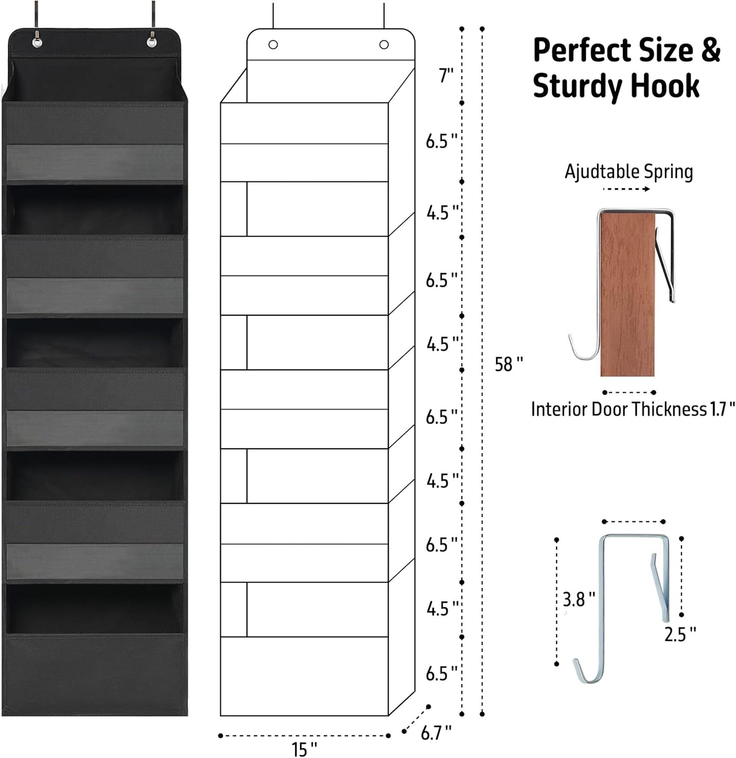 Over Door Organizer with 5 Large Pockets Heavy Duty Hanging Organizer Storage Closet Bathroom Nursery Bedroom Dorm