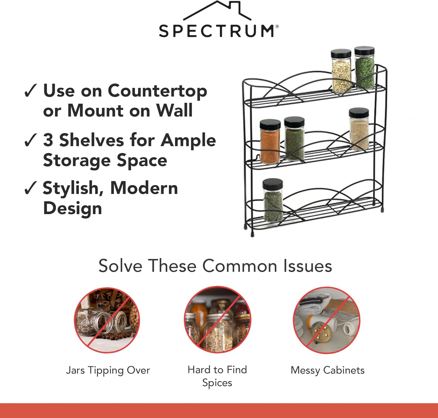 3 Tier Spice Rack Organizer Black Countertop Wire Shelf Spice Rack for Modern Kitchen Pantry Cabinet