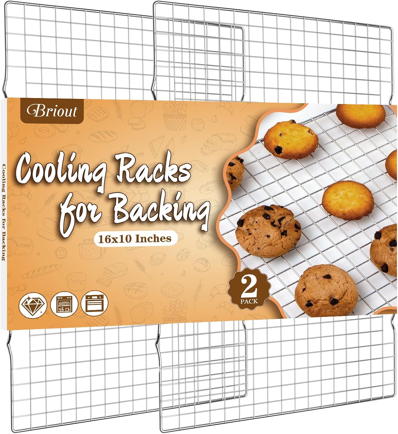 2 Pack 16x10 Inches Baking Rack Thick Wire Cookie Rack for Cooking, Roasting Grilling