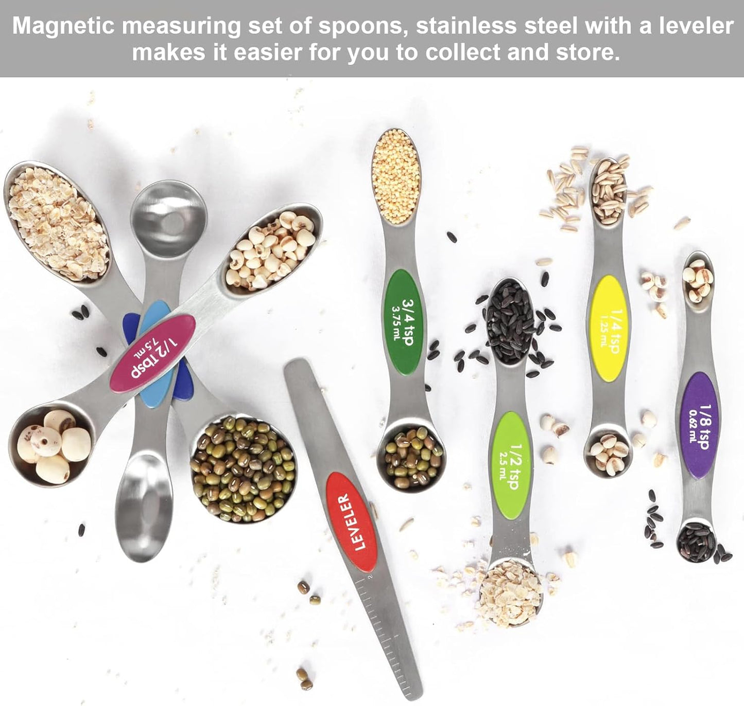 Magnetic Measuring Spoons Set with Leveler Stainless Steel Stackable Fits Spice Jars