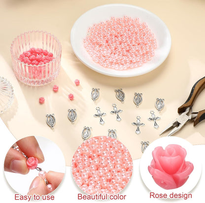 610 Pcs Pearl Beads Carved Rose Cross Centerpiece Crucifix Medal, Rosary Making Supplies Silver