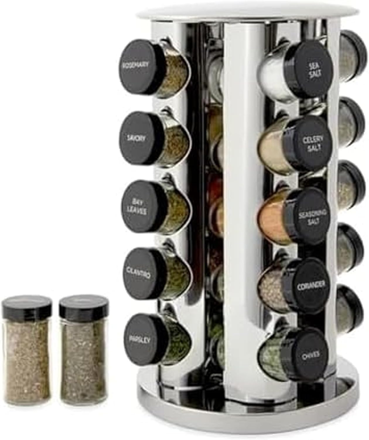 20 Jar Revolving Countertop Spice Rack with Spices Included Polished Stainless Steel with Black Caps