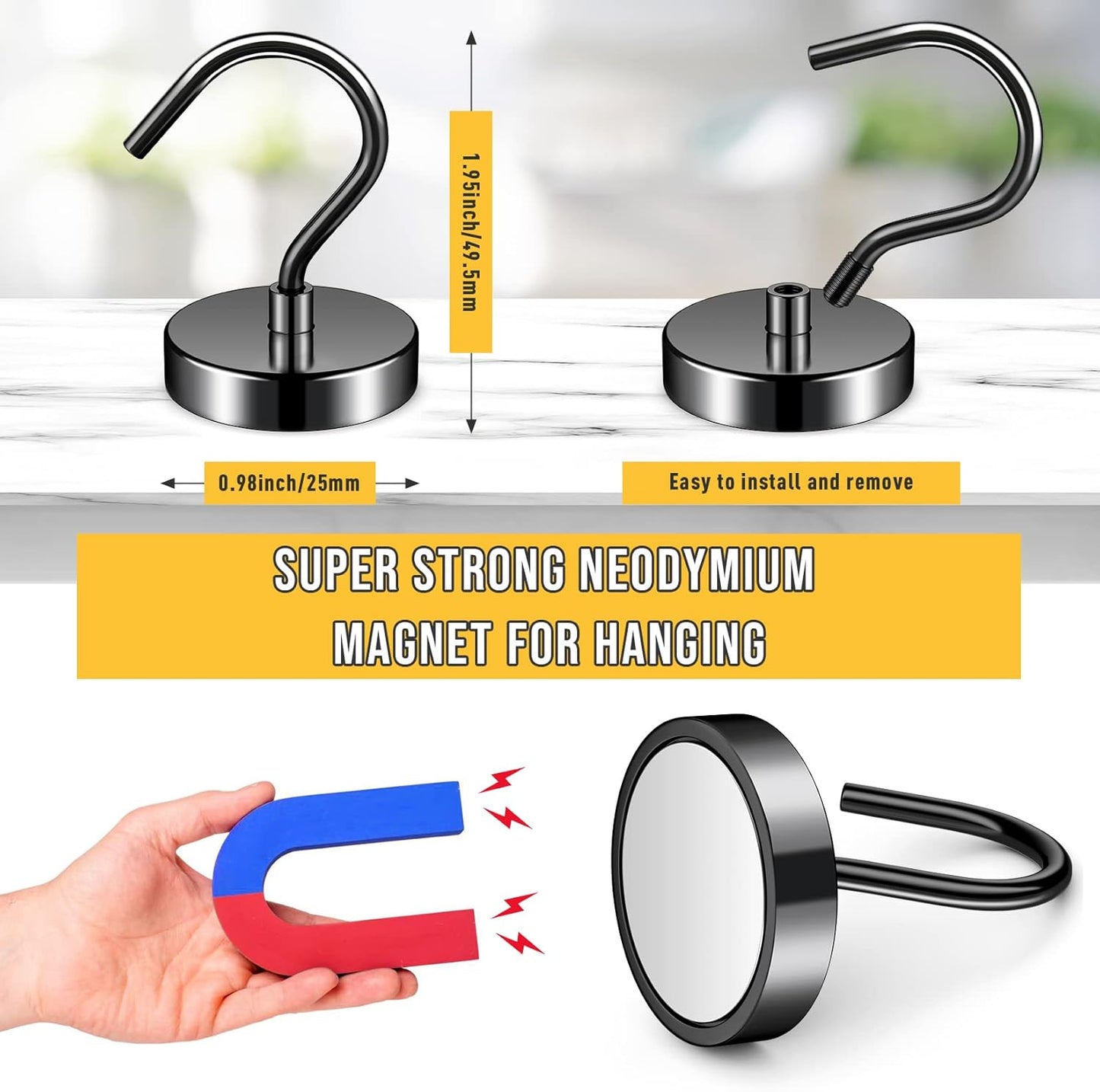 6 Pack Magnetic Hooks 60LBS Heavy Duty Magnetic Hooks Neodymium Magnet Hooks for Hanging Magnet with Hooks