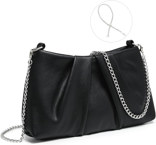 Pleated Evening Bag Soft Vegan Leather Clutch Purse Dressy Formal Handbag with 2 Chain Straps