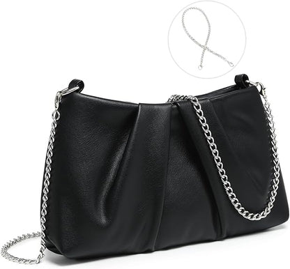 Pleated Evening Bag Soft Vegan Leather Clutch Purse Dressy Formal Handbag with 2 Chain Straps