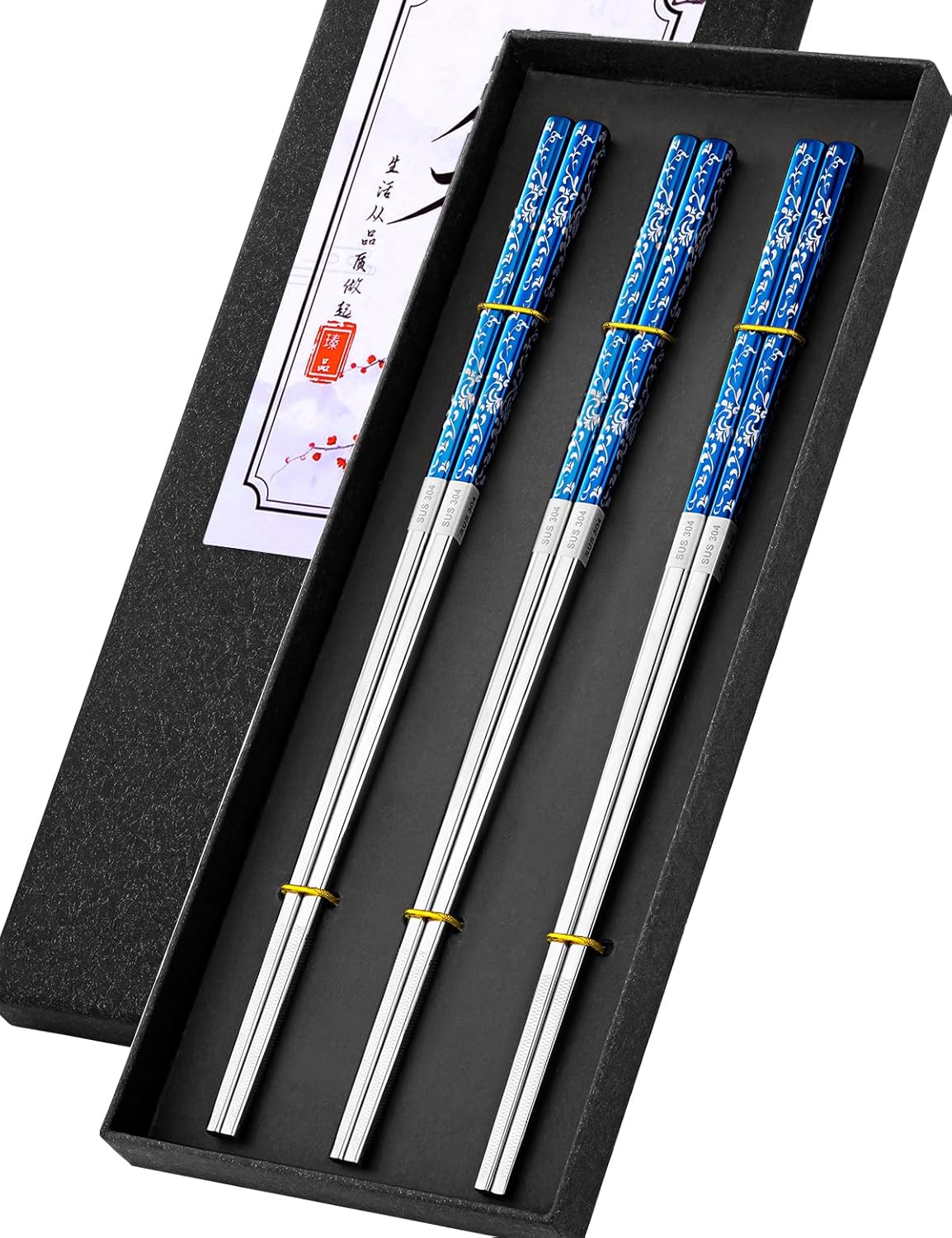 3 Pairs Non-Slip Chop Sticks Reusable Dishwasher Safe Titanium Plated Stainless Steel
