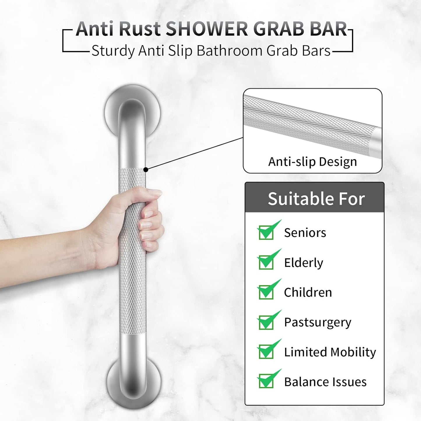 2 Pack 16 Inch Anti-Slip Safety Shower Handle for Senior Stainless Steel Shower Grab Bars Handicap Elderly Bathtub and Toilet
