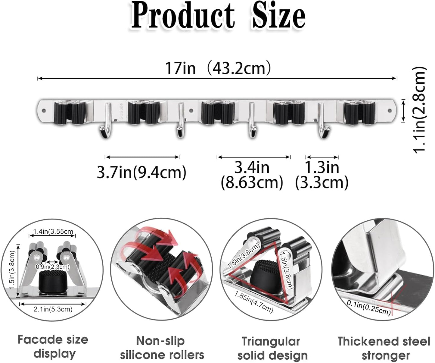 5 Racks and 4 Hooks Mop and Broom Holder Wall Mount, Broom Organizer Storage Tool Racks Stainless Steel Heavy Duty