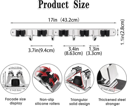 5 Racks and 4 Hooks Mop and Broom Holder Wall Mount, Broom Organizer Storage Tool Racks Stainless Steel Heavy Duty