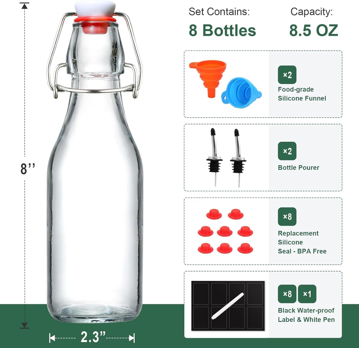 8-Pack 8.5oz Flip Top Glass Bottles Swing Top Beer Brewing Bottle for Fermentation Kombucha Kefir