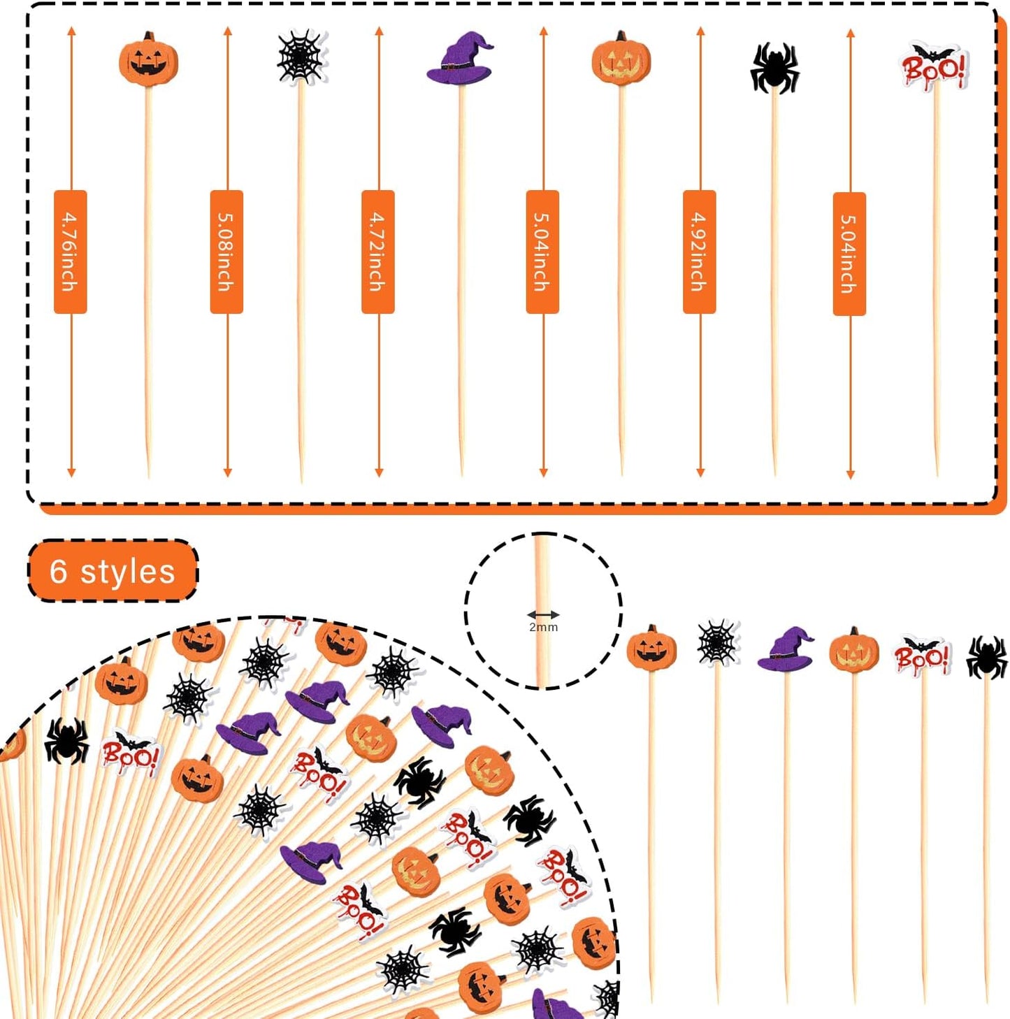 5" Halloween Cocktail Picks Ghost Pumpkin Spider Boo Bat Theme Decor Toothpicks Skewers Sticks