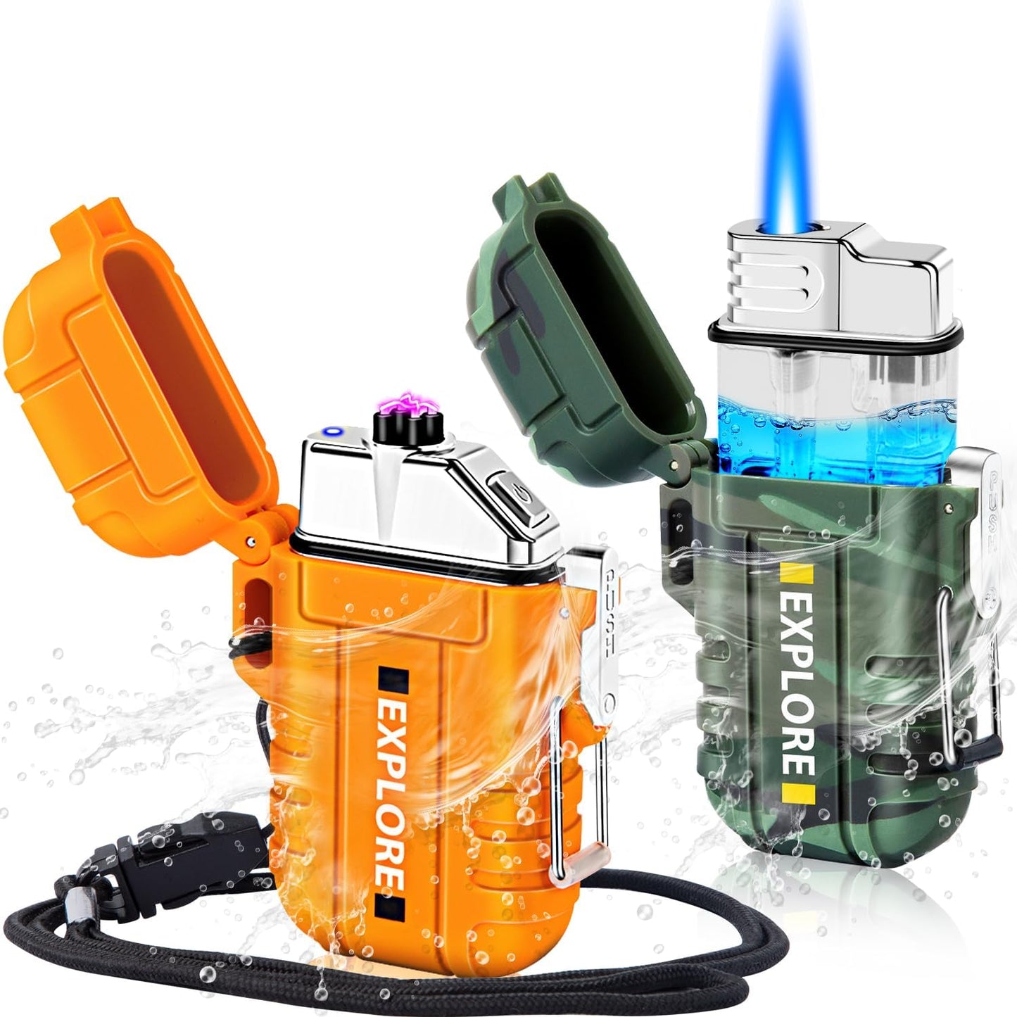 2 Pack Waterproof Outdoor Lighter Windproof Torch Lighters Butane Refillable Electric Dual Arc Plasma Lighter