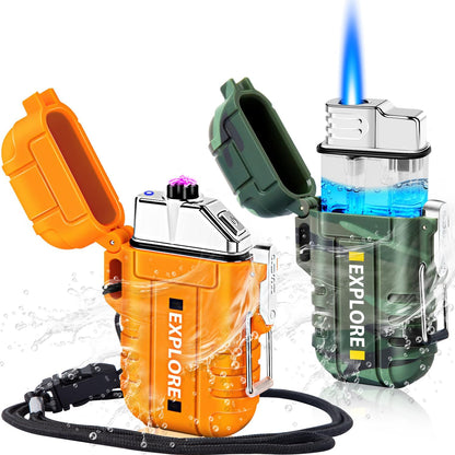 2 Pack Waterproof Outdoor Lighter Windproof Torch Lighters Butane Refillable Electric Dual Arc Plasma Lighter